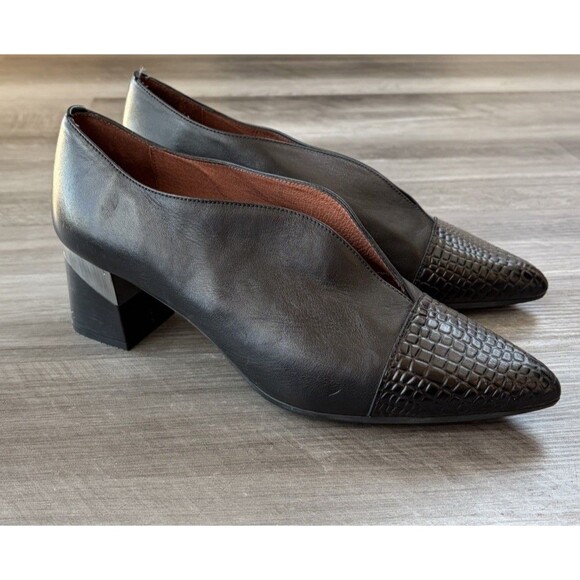 Hispanitas Black Leather Heels Size 11 Pointed Toe Block Heel 42 Spain - Picture 8 of 10